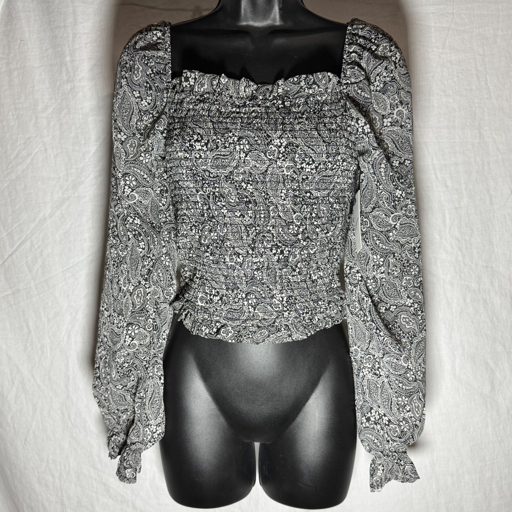 Womens Black White Paisley Smocked Square Neck Balloon Sleeve Blouse S Japna